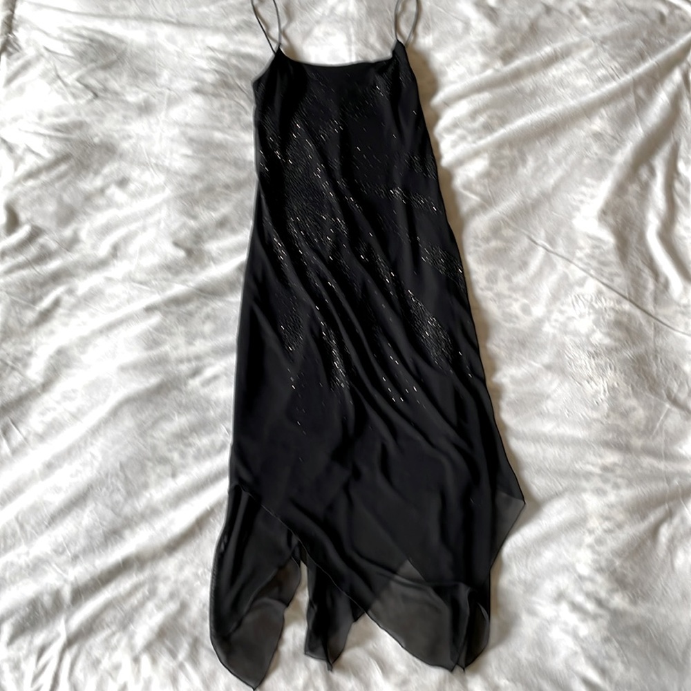 Black Sequin Slip Dress with Handkerchief Hem Y2K 90s
